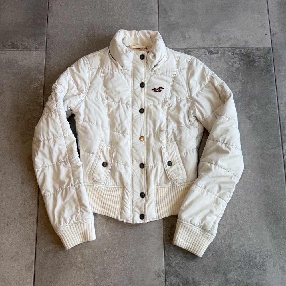 Vintage Hollister White Puffer Jacket Maroon Logo Y2K Quilted Ribbed Hem M